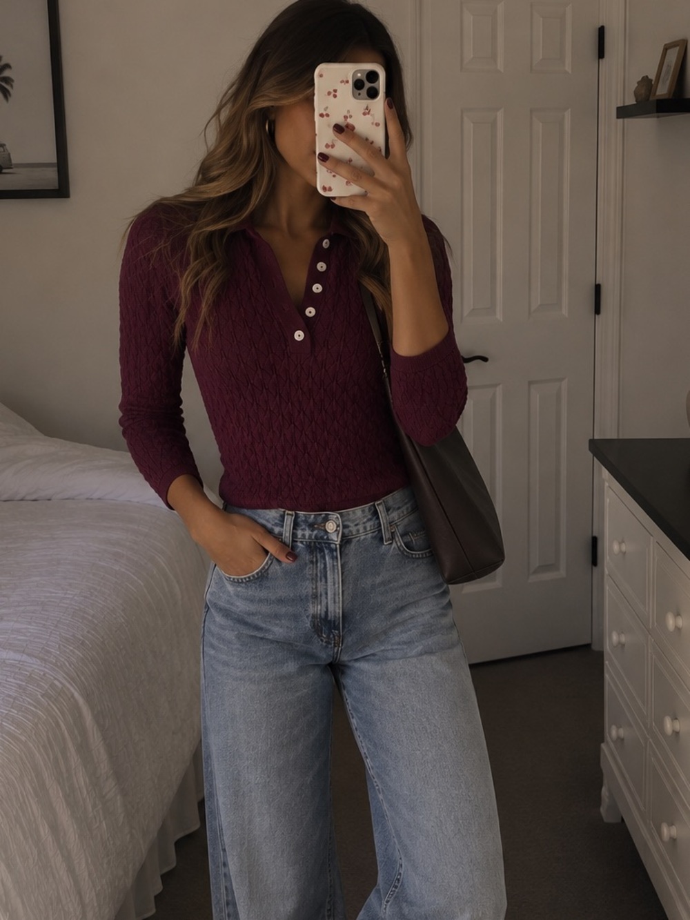 Zara knitted Henley Top in Deep Wine 3/4 sleeve polo medium fall staple